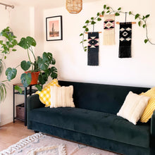 Load image into Gallery viewer, Teal Aztec Inspired Macrame Wall Hanging