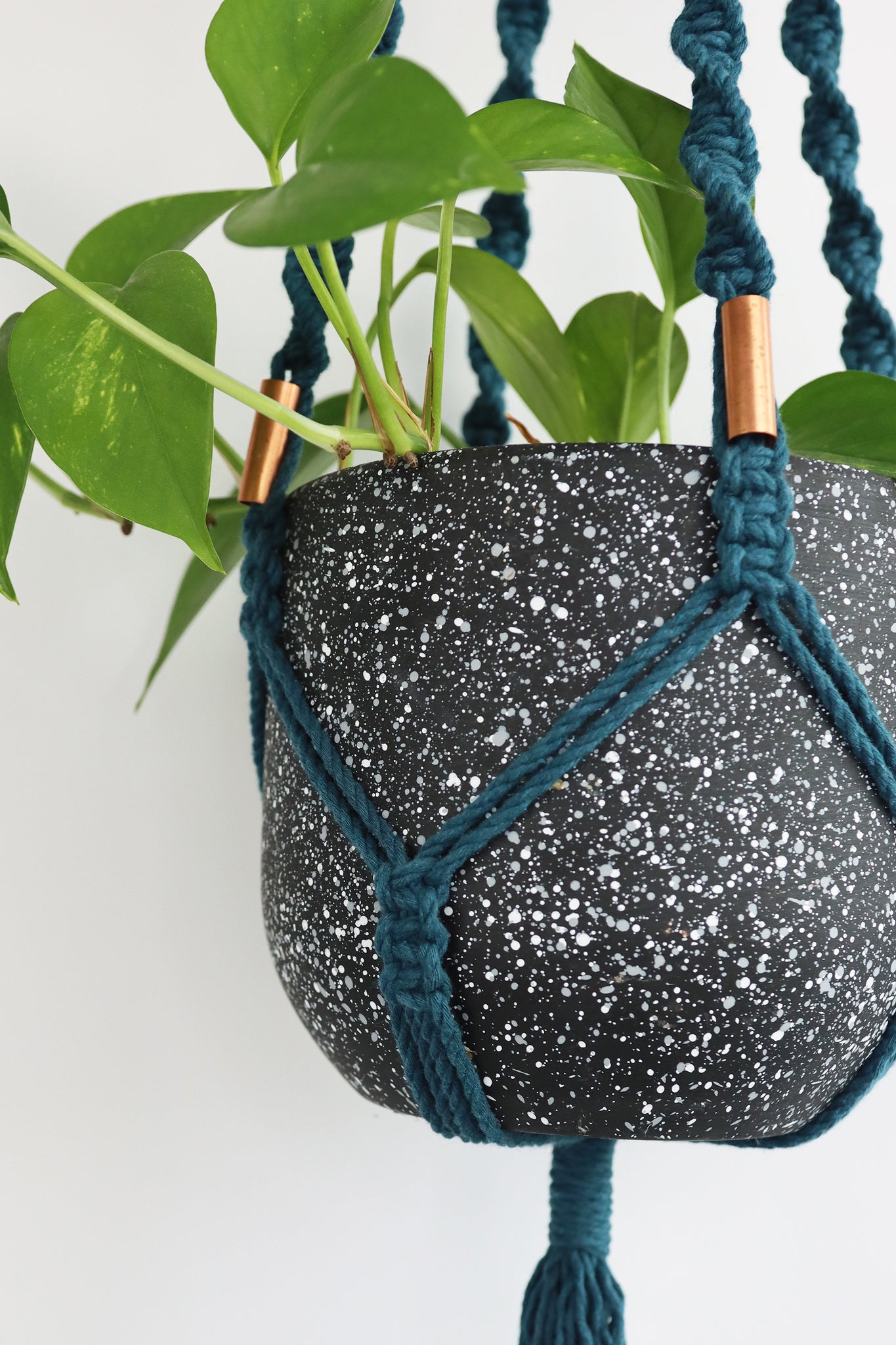teal macrame plant hanger Peacock Macrame Plant Hanger with Copper Beads – Kalicramé