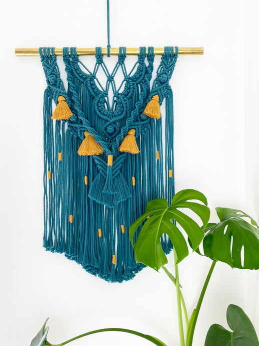 Teal Macrame Wall Hanging with Mustard Accents